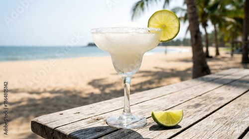 Frozen margarita drink with a lime slice on a rustic wooden table by a tropical beach. Summer vacation and relaxing beverage concept.