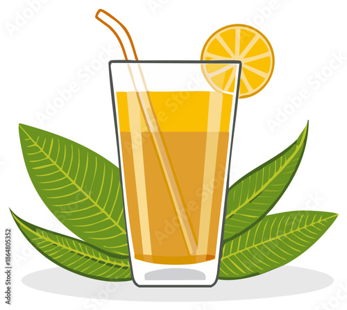 Refreshing orange juice drink illustration with straw and citrus slice garnish surrounded by green leaves