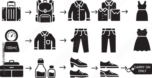Travel Packing Essentials Icons for Efficient Suitcase Organization