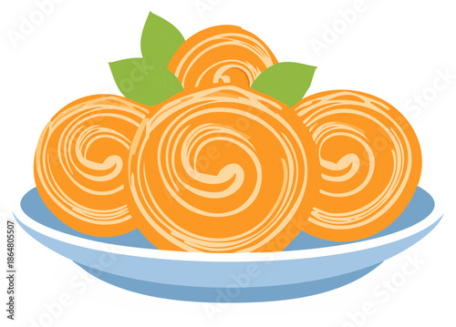 Vibrant orange spiral pastries served on a blue plate garnished with fresh green leaves