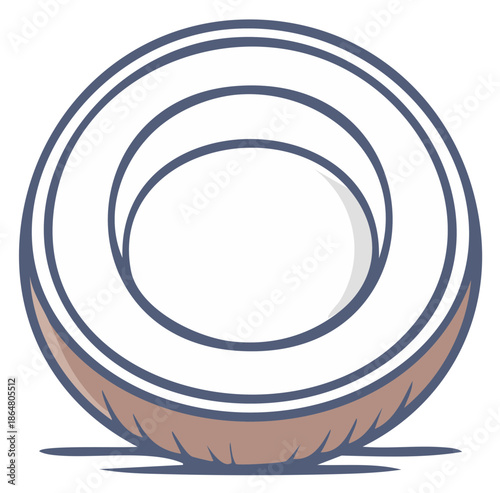 Stylized halved coconut with thick outer husk and inner white flesh