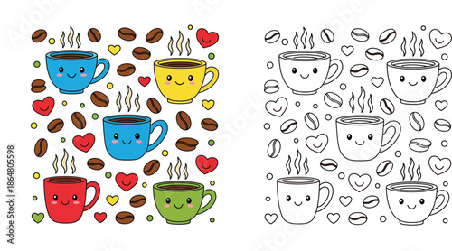 Kawaii coffee cups and beans pattern set with coloring page. Cute cartoon mugs, hearts, and steam vector illustration. Colored and outline doodle background for kids and design.