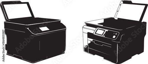Black and white of two multifunction printers with open lids photocopier scanner fax machine
