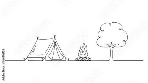 Minimalist camping scene with tent and campfire Vector, illustration