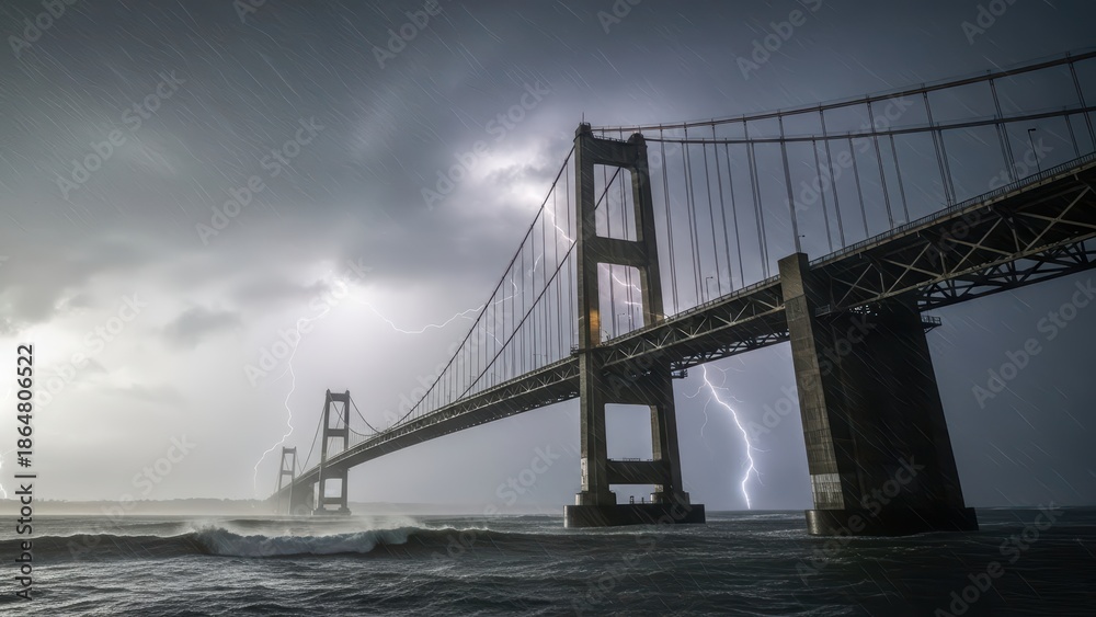 Fototapeta premium Dramatic lightning storm over suspension bridge with dark clouds and rolling waves