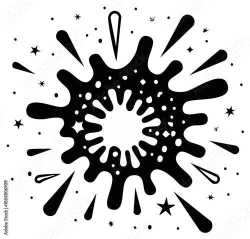 Abstract Black Ink Splatter Burst with Stars and Sparkles
