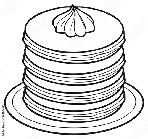 Stacked pancakes with whipped cream on a plate black and white line art breakfast illustration