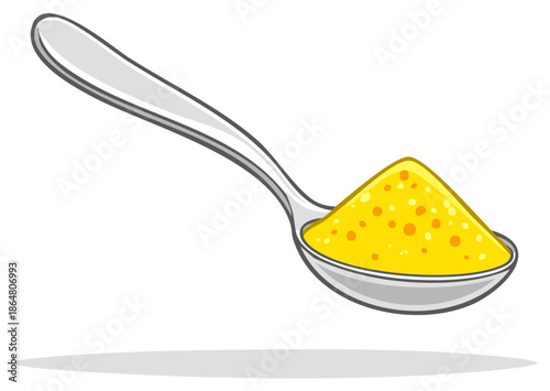 Vector illustration of a metal spoon holding a mound of yellow powder or seasoning