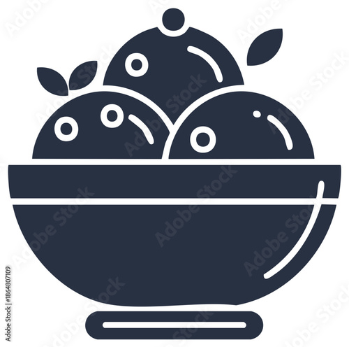 Minimalist glyph icon of an ice cream sundae in a bowl with fruit toppings