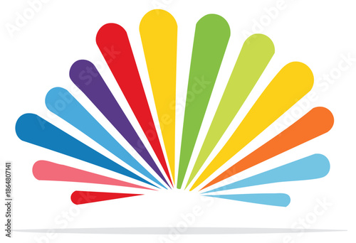 Radiant rainbow fan of abstract colorful shapes spreading outwards on a white background