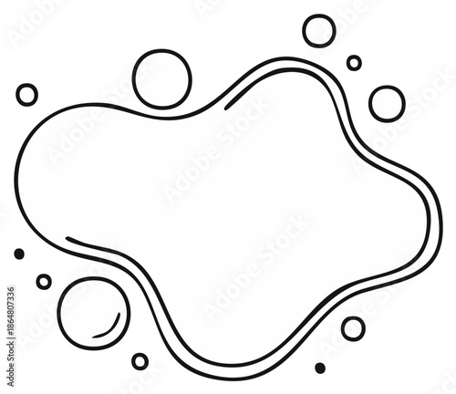Minimalist abstract fluid frame with double black outline, irregular organic shape, and surrounding circles and dots.