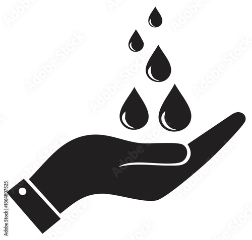 Hand receiving water droplets icon. Water conservation concept. Monochrome graphic design.