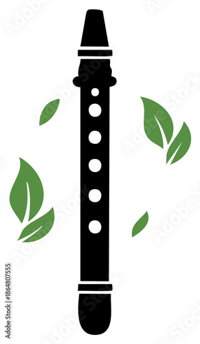Stylized Black Clarinet Woodwind Instrument with Floating Green Leaves Vector Icon
