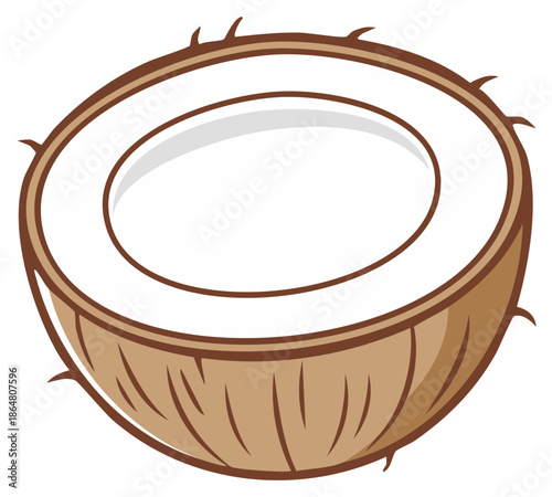 A single fresh half coconut illustration with a hairy brown shell and white flesh