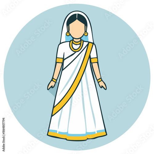 Vector icon of an Indian woman in a traditional white saree and gold jewelry