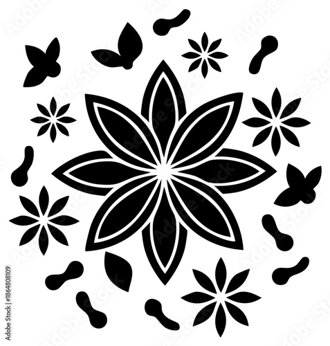 Monochrome botanical spice illustration featuring star anise cloves and leaves design