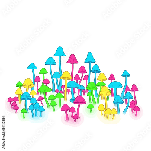 Vibrant and colorful psychedelic mushrooms glowing in various neon hues on a white background.
