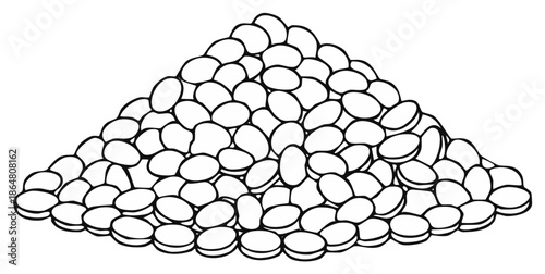 Pile of Oval Shaped Beans or Pebbles Hand Drawn Outline Illustration