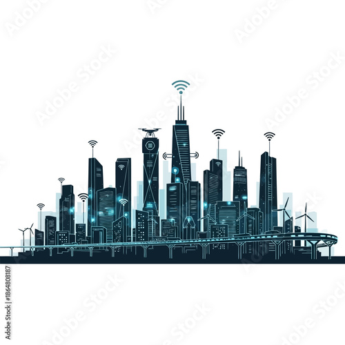 Smart city with wireless network connection technology, concept of internet of things and communication.