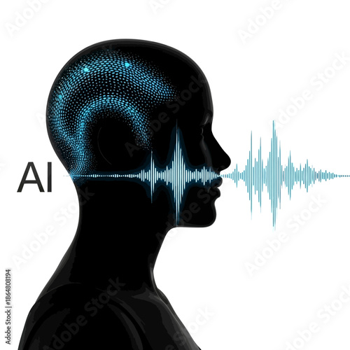 Artificial intelligence concept with human head silhouette and sound wave emanating from mouth, representing AI speech and voice recognition technology.