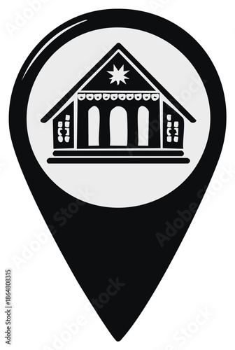 Stylized Building with Star Icon within Black and White Map Pin, Landmarks and Places
