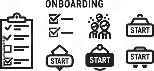 Onboarding process icons and checklist for new employee orientation