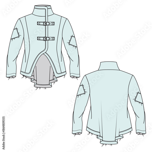 Ladies duffle coats vector design mockup template technical flat drawing.