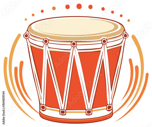 Illustration of a drum with sound waves, musical instrument concept