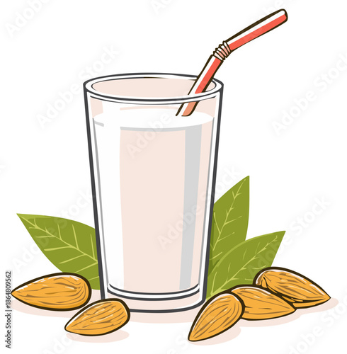Fresh almond milk in a glass with a straw surrounded by almonds and green leaves healthy vegan beverage illustration