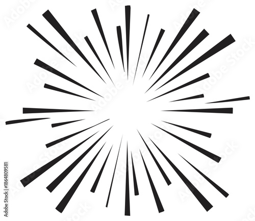 Abstract black lines emanating from the center, burst effect and speed lines on white