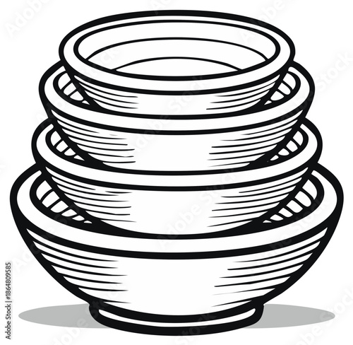 Stacked kitchen bowls black and white line art illustration minimalist monochrome design element