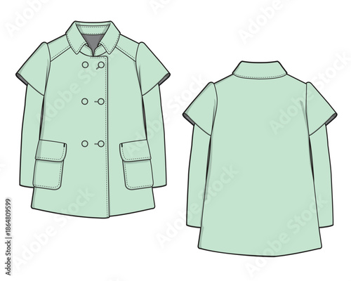 Kids boys trench coats design technical flat sketch vector mockup template.