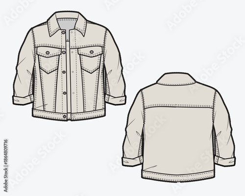 Boys denim jackets design technical flat sketch vector mockup template.