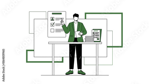 professional man gesturing at digital presentation with checklist and documents on a modern desk