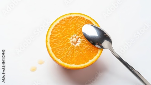 A vibrant half-cut orange with a silver spoon resting on its juicy pulp, set against a clean white background, with a few drops of juice.