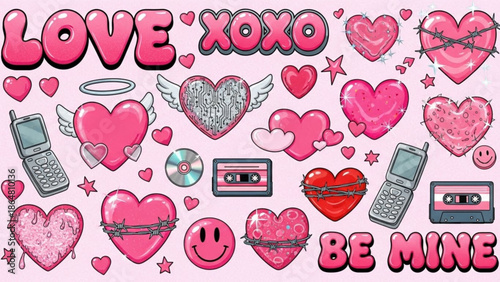 Collection of pink and red heart stickers with love and be mine text on white background for valentines day with xoxo and love sticker with cd