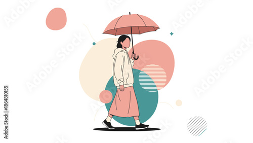 Stylish young woman walking with umbrella amid abstract shapes in pastel colors art