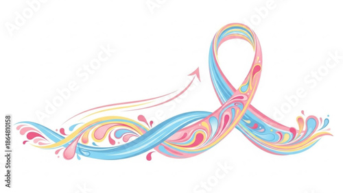 A colorful swirly ribbon design with pink blue yellow and orange hues on a white background for creative projects and decorative use with style
