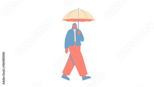 Minimalist Illustration of a Person Walking with an Umbrella in Rainy Weather