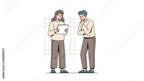 Young man and woman engaging in a thoughtful discussion while viewing a tablet device in a