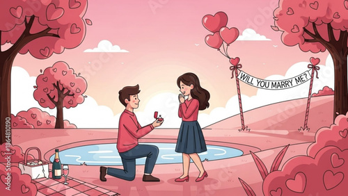 Man proposing to woman in romantic pink park with heart balloons and banner with proposal and engagement and love and valentines with cartoon