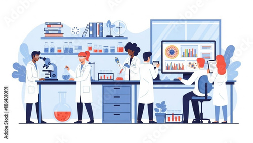A diverse team of scientists and researchers working collaboratively in a modern laboratory setting with various equipment with collaboration