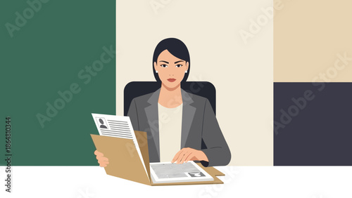 professional businesswoman analyzing reports at desk in modern office environment