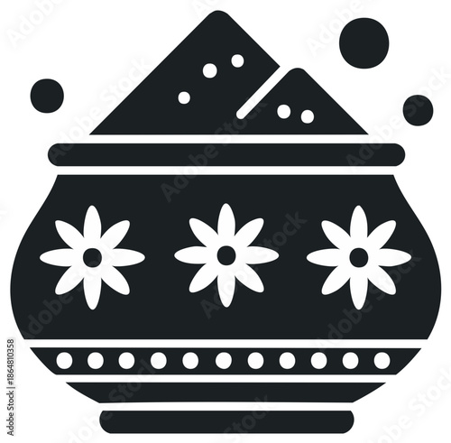 Stylized Indian pot icon filled with vibrant festival powder and elegant flower patterns