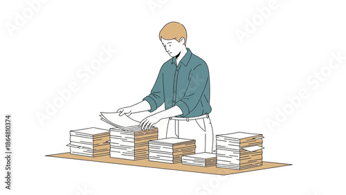 Young man organizing stacks of papers at a desk in a minimalist style illustration
