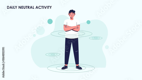 Young man practicing daily neutral activity in a minimalist illustration emphasizing balance and