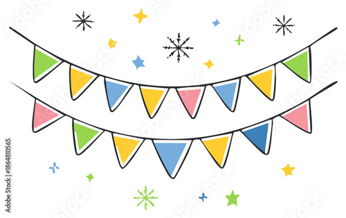 Hand Drawn Colorful Pennant Banners with Stars and Snowflakes for Festive Decoration