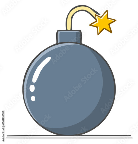 Cartoon Gray Bomb with Lit Fuse and Star at the End Icon on White