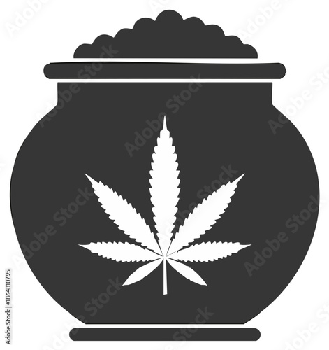 Simple black and white icon of a pot full of marijuana with a cannabis leaf symbol