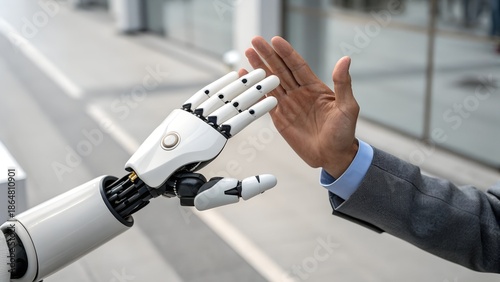 Ultra-realistic 3D image showing a white-and-black articulated robotic hand meeting an advanced bio-engineered hand in a powerful high-five, subtle motion blur & sharp focus on fingertips.